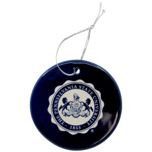round ceramic navy glazed ornament with etched The Pennsylvania State University Seal
